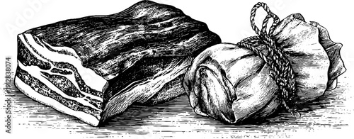 Vintage engraved illustration of bacon slab and pork belly for culinary design