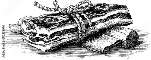 Vintage engraved illustration of bacon slab and pork belly for retro design