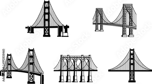 Suspension bridge vector set, famous landmark bridge silhouettes collection, detailed architectural line art illustrations isolated on white background