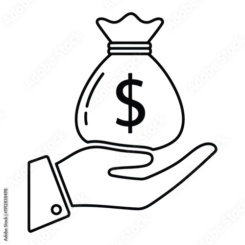 Hand holding a bag of money with a dollar sign on it isolated on white background, Vector