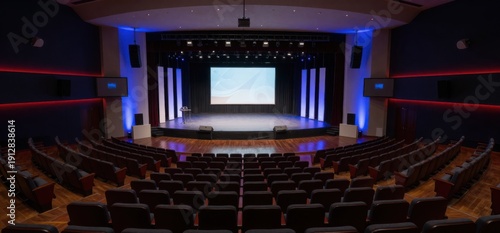 Auditorium interior with empty stage and seating, showcasing modern architecture and event venue design
