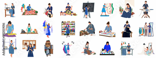 Collection of flat illustrations detailing the various stages of fashion design, tailoring, sewing, and craftsmanship performed by female textile workers and artisans.
