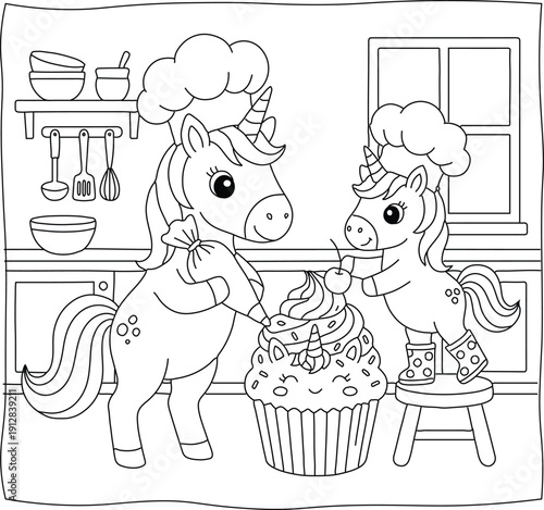 Cute unicorn mother and baby wearing chef hats baking a giant cupcake, black and white coloring page.