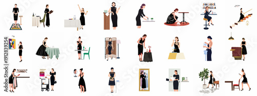 Elegant women in black dresses vector set, showcasing activities like fine dining, hosting, fashion, and sophisticated social interactions.