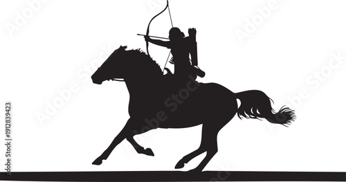 Dynamic vector silhouette of an ancient archer on horseback, aiming a bow and arrow while riding a galloping horse, isolated on a transparent background.