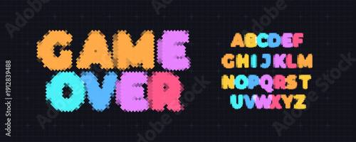 Game Over Font Logo Alphabet Y2K Pixel Letter Set Modern Typography, Arcade Typographic Design for Title Text, Gaming Typo Headline, Old Computer Type Symbol Logotype, Games Fonts. Vector Typeface