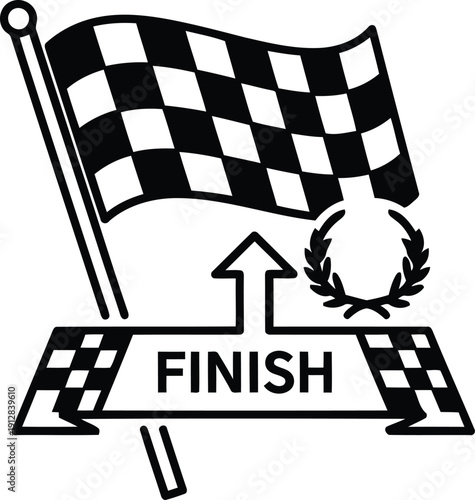 A black and white checkered finish line flag with a laurel wreath and arrow isolated on white background, Vector