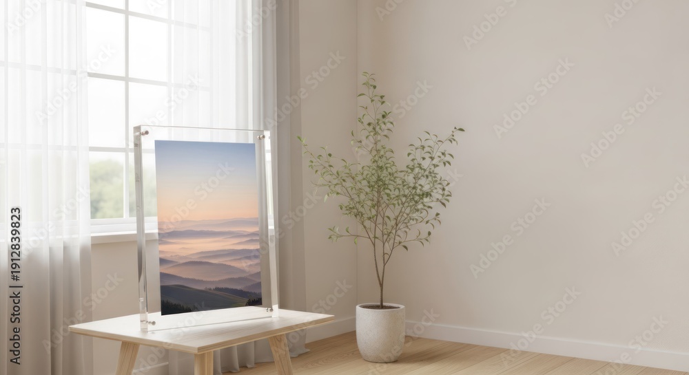 Fototapeta premium A serene indoor setting with a landscape photograph on an easel, a potted plant, and a window with white curtains.