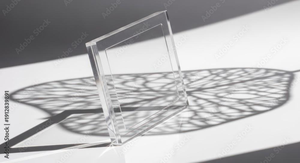 Fototapeta premium A clear glass frame casting a leaf shadow on a white surface.