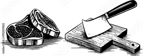 Vintage engraving of beef steak cuts and meat cleaver for culinary art design