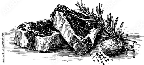 Gourmet cuisine elements: beef steak with rosemary and salt - retro culinary art sketch for menu design