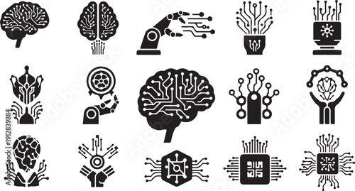 Black and white brain and technology icons collection