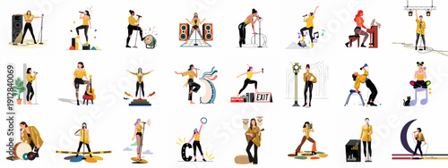 Collection of stylish vector illustrations featuring diverse female singers and musicians performing live, engaged in music, concerts, and entertainment.