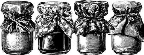 Vintage berry jam jars with labels - hand-drawn engraved set for retro design