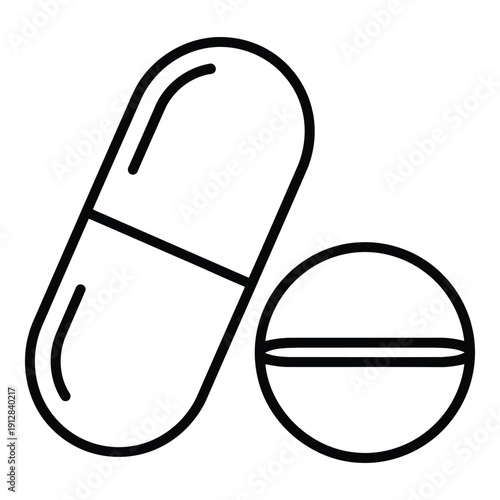 Two distinct pills, one capsule and one tablet, depicted in a simple line drawing isolated on white background, Vector