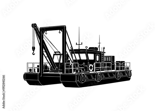 Industrial Dredging Barge with Crane Vector Illustration