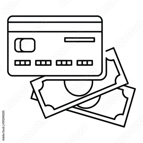 A credit card and a pile of cash on a table. isolated on white background, Vector