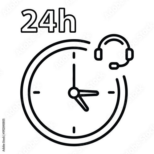 24-hour customer service support illustrated by a clock and headset icon. isolated on white background, Vector
