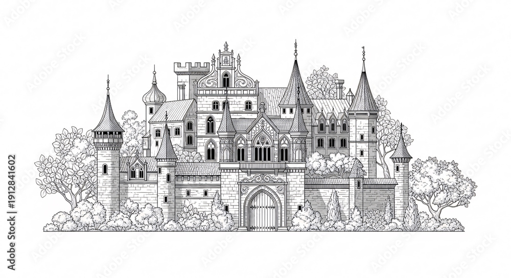 Obraz premium Majestic medieval castle with towers and gates in a serene landscape