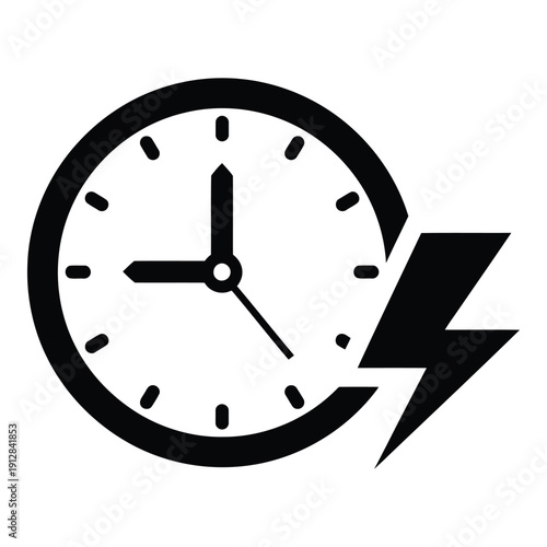 Clock with lightning bolt symbolizing time management and productivity isolated on white background, Vector