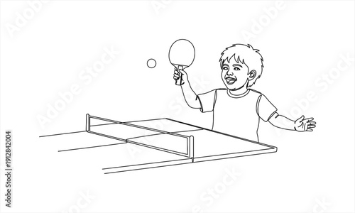 Young boy playing table tennis with a paddle and ball.