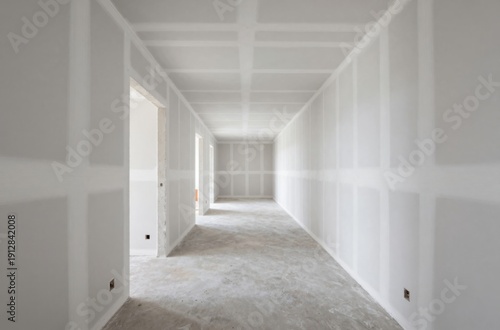 Interior view of a new home construction showing drywall installation and an empty concrete floor