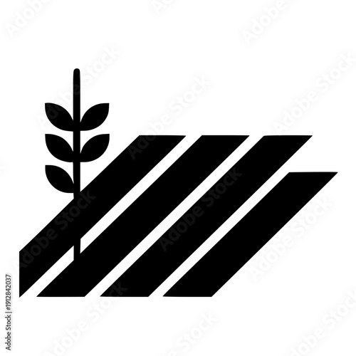 Modern agriculture logo symbol. Farm field icon with wheat crop. Minimalist vector design for agribusiness identity. Black and white stylized crop rows and plant