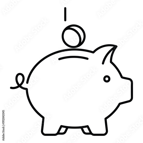 A simple line drawing of a piggy bank with a coin being inserted isolated on white background, Vector