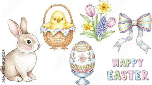 Hand drawn watercolor style adorable bunny sitting with yellow chick in woven basket colorful spring flowers decorated easter egg pastel ribbon and happy easter text
