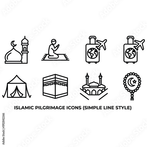 Minimalist line icons related to the Islamic pilgrimage, Hajj with a text written Islamic pilgrimage icons. Islamic Icons including Prayer, Mosque, Holy Kaaba  Eid Celebration, Plane. 