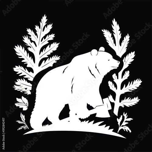 White Bear Silhouette with Axe and Decorative Pine Branches on Black Background