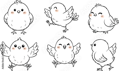 Hand drawn vector set of six cute baby birds in various playful poses with blush cheeks and simple black outline style isolated on white background