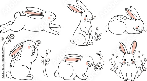 Hand drawn vector art of six playful white rabbits in various poses including jumping sitting smelling flowers and resting with delicate floral accents and soft pink ears