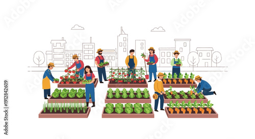 A group of people tending to a community garden with a city skyline