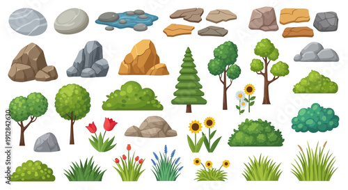 Colorful illustration of various rocks trees bushes flowers and grass