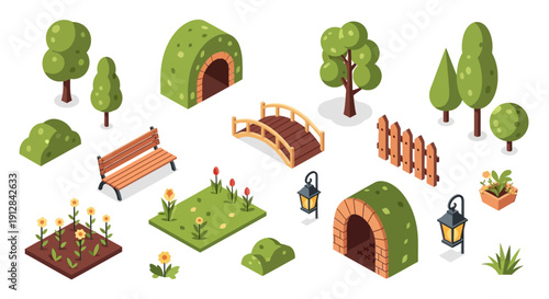 Isometric park elements including benches trees and garden structures