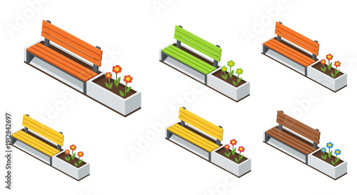 Isometric vector illustration of colorful park benches with flower planters