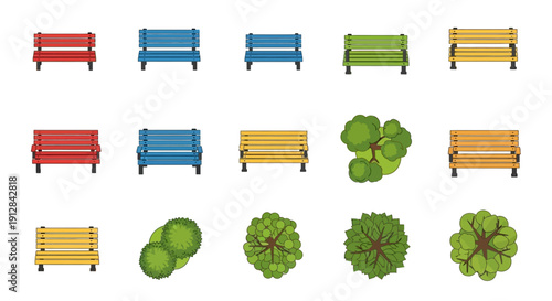 Collection of colorful park benches and stylized tree top down views