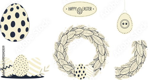 Hand drawn easter eggs with black spots and stripes decorated with leaf wreath and hanging egg ornament in minimalist beige and black vector illustration