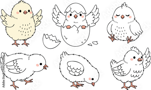 Cute hand drawn baby chicks in various playful poses including standing looking down and hatching from egg simple line art with soft pastel colors and minimal details