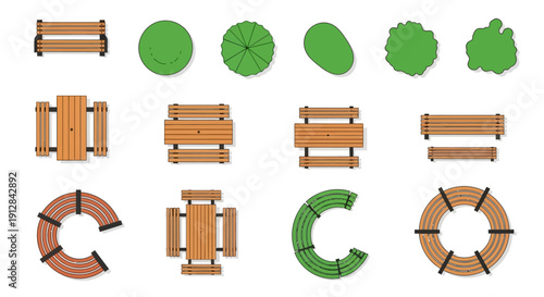 Top down view of various park elements including benches trees and flowerbeds