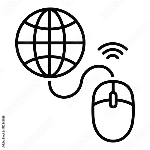 Illustration of a computer mouse connected to a globe via a wireless signal. isolated on white background, Vector