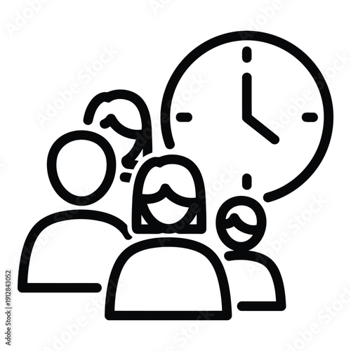 Group of people waiting in line with a large clock overhead isolated on white background, Vector