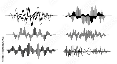 Abstract waveforms and sound wave representations in black and white