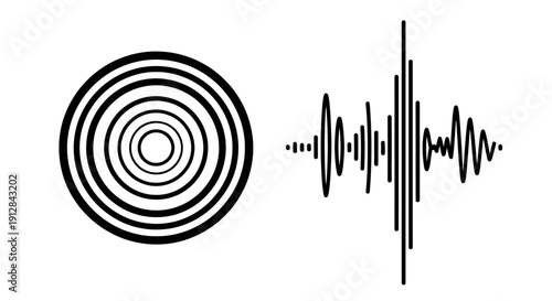 Concentric circles and waveform illustration in black and white