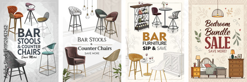 Stylish bar stools and counter chairs showcased in a contemporary design layout.