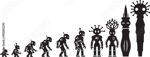 Evolution of robotic figures in a futuristic illustration style