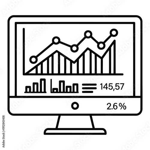 Computer monitor displaying a line and bar graph with numerical data and percentage isolated on white background, Vector