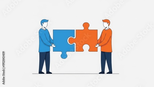 Flat illustration of two people connecting puzzle pieces together. Concept of teamwork, partnership and problem solving