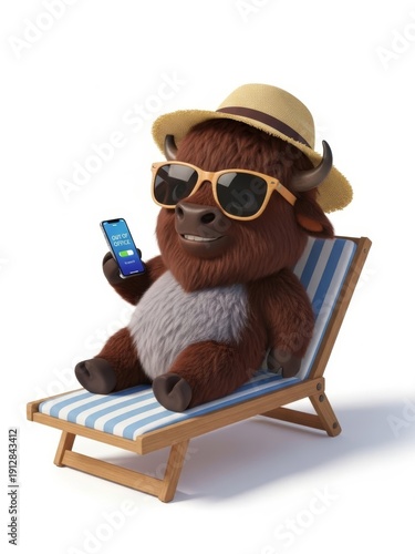 Cute 3D cartoon bison relaxing in a sun lounger with a smartphone showing 